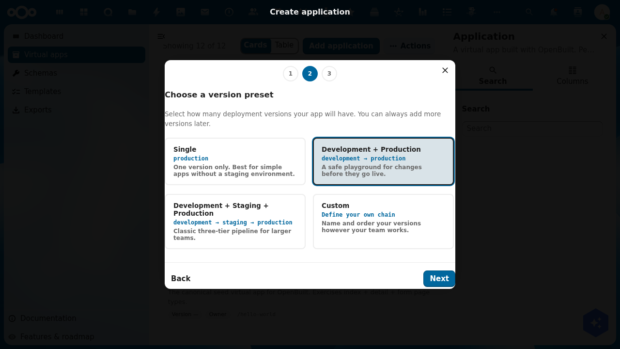 Wizard step 2 with Development + Production selected